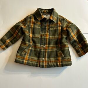 OLD NAVY PLAID TODDLER SHACKET GREEN/ORANGE/TAN SNAP BUTTONS SHERPA LINING 18-24